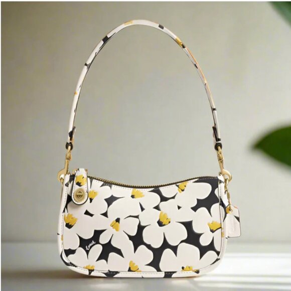 Coach Swinger Bag 20 Floral Daisy CR509 Leather Chalk White Black Shoulder - Picture 1 of 13